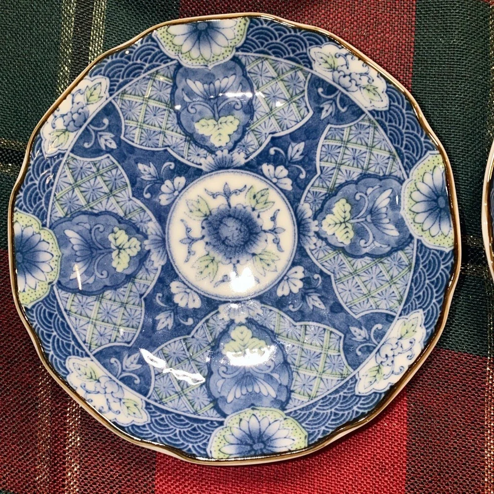 4‎ Hijiri Gama Vintage Japanese Plate Signed Blue White & Green 4.5